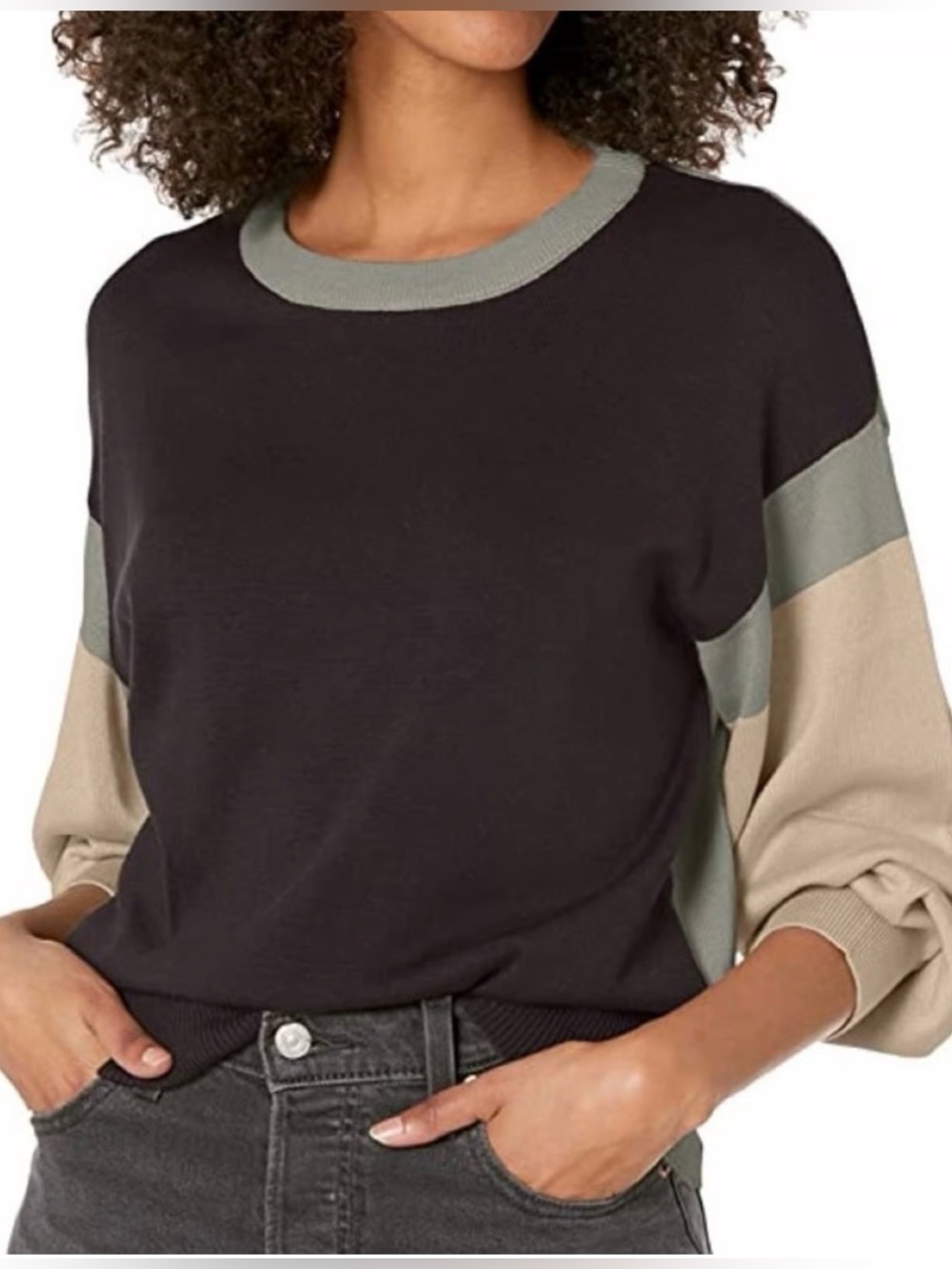 Monrow Cotton Modal Colorblock Relaxed Sweater Black Ivory Gray Crew Neck Casual